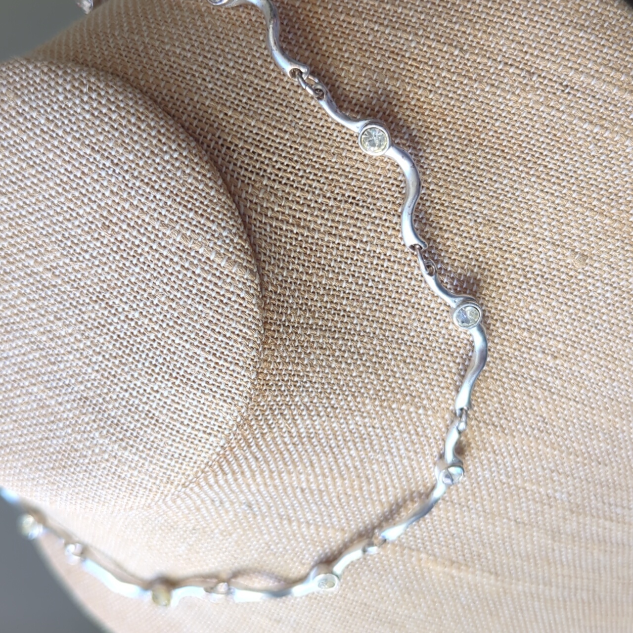 Vintage Danish Dyrberg Kern Brushed Silver & Rhinestone Choker Necklace